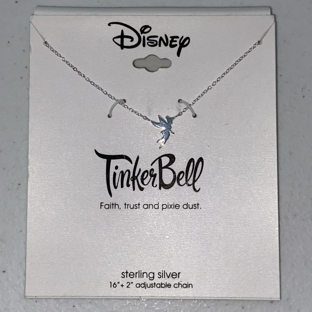 DISNEY Tinkerbell Pendant Necklace 925 Sterling Silver 16" Adjustable Chain NEW